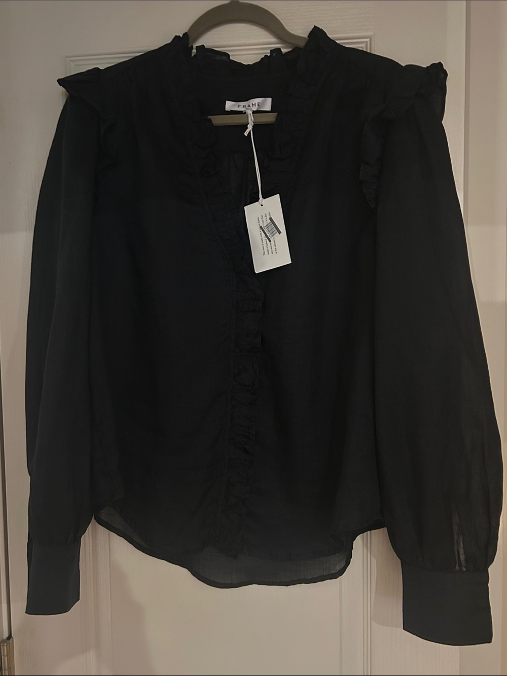 Frame Denim Black Ruffle Button Down V-Neck Long Sleeve Blouse